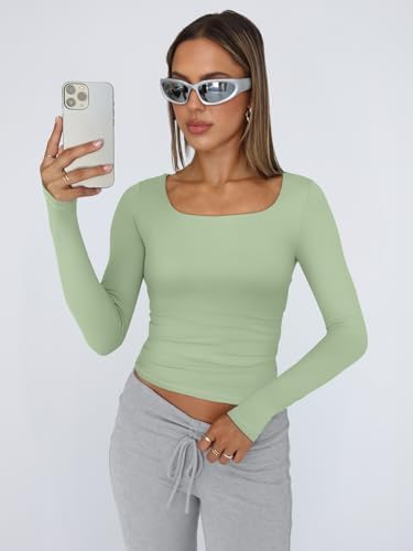 Trendy Queen Womens Long Sleeve Shirts Crop Tops Fall Fashion 2025 Square Neck Going Out Basics Tees Y2k Clothes