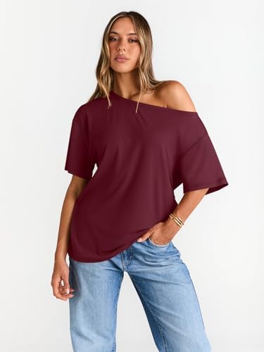Trendy Queen Womens Off The Shoulder Tops Oversized T-Shirts Short Sleeve Tees Summer 2025 Casual Spring Fashion Clothes