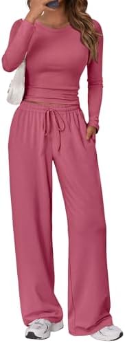 Trendy Queen Women's 2 Piece Matching Lounge Set Long Sleeve Slightly Crop Top Wide Leg Pants Casual Sweatsuit