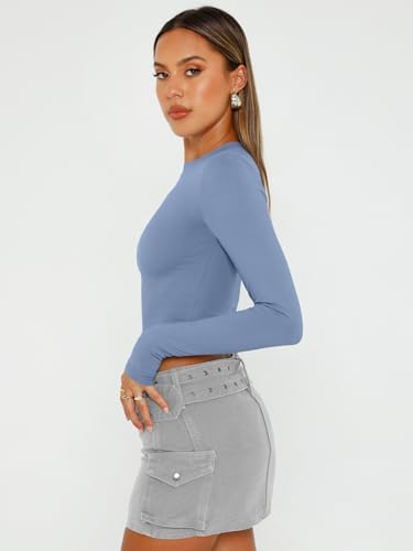 Trendy Queen Womens Long Sleeve Crop Tops Basic Slim Fitted Shirts Fashion 2025 Going Out Y2k Tops Teen Girl Clothes