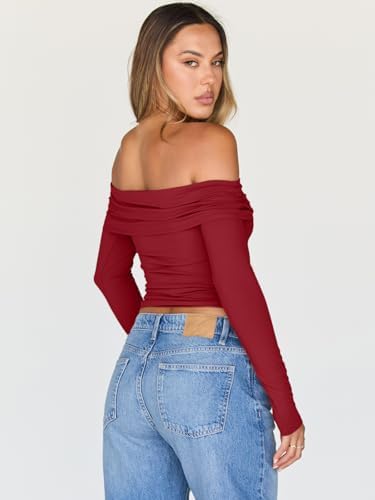 Trendy Queen Women Long Sleeve Shirts Off Shoulder Tops Going Out Crop Sexy Slim Fitted Y2K Fall Outfits 2025 Fashion Clothes