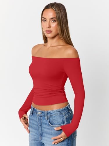 Trendy Queen Womens Long Sleeve Off The Shoulder Tops Going Out Cute Basic Y2K Fall Fashion 2025 Outfits Clothes