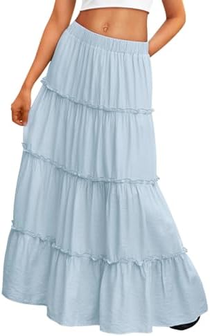 Trendy Queen Long Skirts for Women Boho Maxi Skirt Summer Swing Tiered A-Line Elastic High Waist Dress with Pockets Fashion