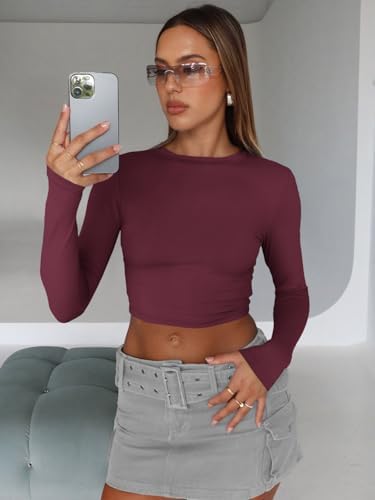 Trendy Queen Womens Long Sleeve Crop Tops Basic Slim Fitted Shirts Fashion 2025 Going Out Y2k Tops Teen Girl Clothes
