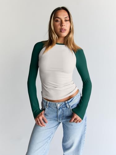 Trendy Queen Women's Long Sleeve Shirts Slim Fit Stretchy Color Block Slightly Cropped Tops
