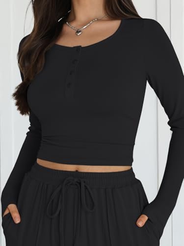 Trendy Queen 2 Piece Matching Lounge Sets for Women Fall Fashion 2025 Two Piece Outfits Henley Crop Tops Wide Leg Pants