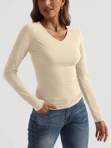 Trendy Queen Long Sleeve Shirts for Women 2025 Fall Fashion V Neck Basics Crop Tops Slim Fitted Y2K Tops Outfits Clothes