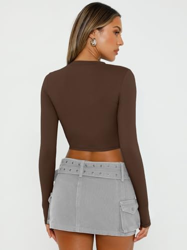 Trendy Queen Womens Long Sleeve Crop Tops Basic Slim Fitted Shirts Fashion 2025 Going Out Y2k Tops Teen Girl Clothes