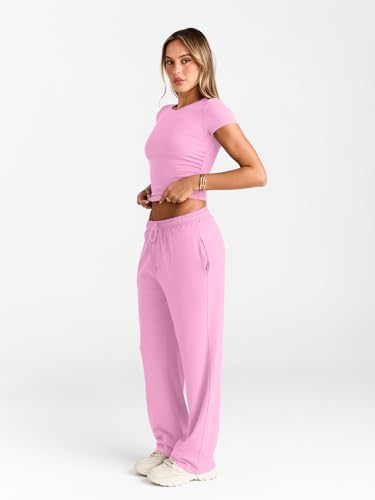 Trendy Queen 2 Piece Matching Summer Sweatsuit Lounge Set Womens Wide Leg Pants Side Ruching Crop Top Sets