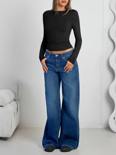 Trendy Queen Womens Long Sleeve Shirts Crop Tops Fall Fashion 2025 Going Out Basic Winter Clothes