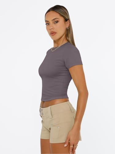 Trendy Queen Womens Short Sleeve T Shirts Summer Crop Tops Basic Slim Fit Gym Workout Y2k Clothes