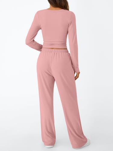 Trendy Queen Women's 2 Piece Matching Lounge Set Long Sleeve Slightly Crop Top Wide Leg Pants Casual Sweatsuit
