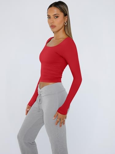 Trendy Queen Womens Long Sleeve Shirts Crop Tops Fall Fashion 2025 Square Neck Going Out Basics Tees Y2k Clothes