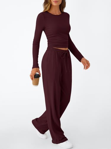 Trendy Queen Women's 2 Piece Matching Lounge Set Long Sleeve Slightly Crop Top Wide Leg Pants Casual Sweatsuit