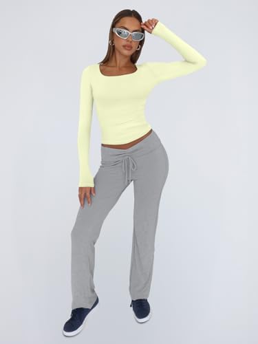 Trendy Queen Womens Long Sleeve Shirts Crop Tops Fall Fashion 2025 Square Neck Going Out Basics Tees Y2k Clothes