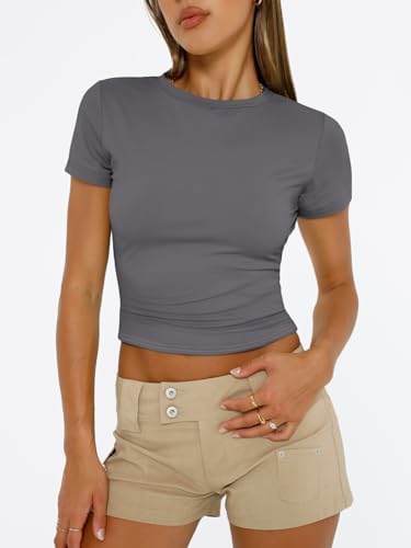 Trendy Queen Womens Short Sleeve T Shirts Summer Crop Tops Basic Slim Fit Gym Workout Y2k Clothes