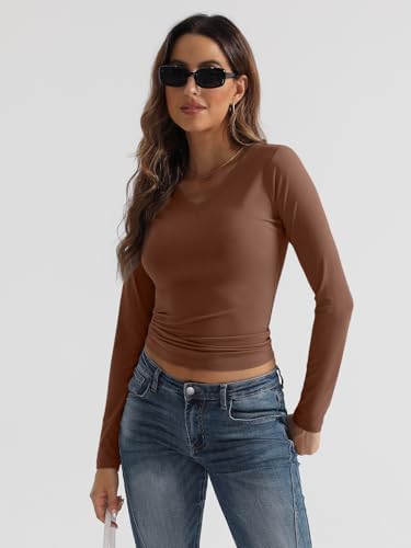 Trendy Queen Long Sleeve Shirts for Women 2025 Fall Fashion V Neck Basics Crop Tops Slim Fitted Y2K Tops Outfits Clothes