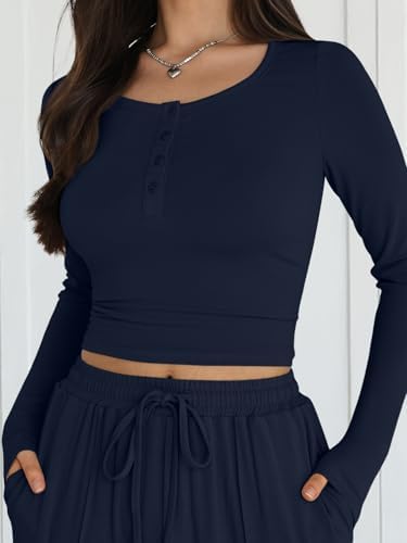 Trendy Queen 2 Piece Matching Lounge Sets for Women Fall Fashion 2025 Two Piece Outfits Henley Crop Tops Wide Leg Pants