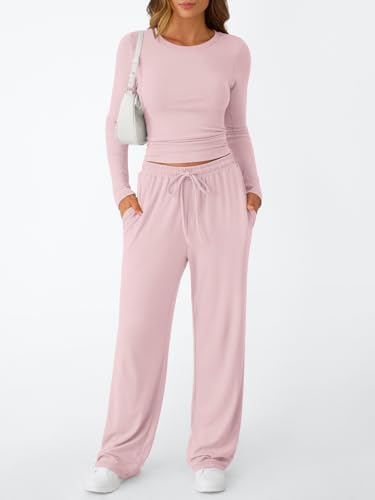 Trendy Queen Women's 2 Piece Matching Lounge Set Long Sleeve Slightly Crop Top Wide Leg Pants Casual Sweatsuit