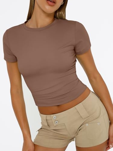 Trendy Queen Womens Short Sleeve T Shirts Summer Crop Tops Basic Slim Fit Gym Workout Y2k Clothes