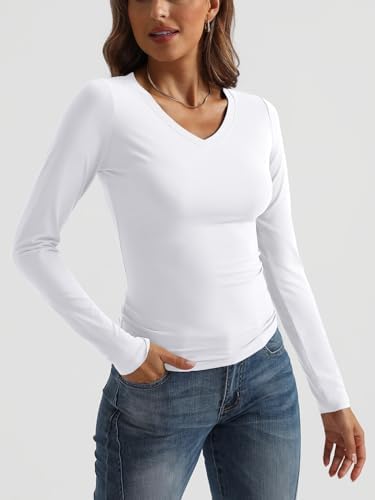 Trendy Queen Long Sleeve Shirts for Women 2025 Fall Fashion V Neck Basics Crop Tops Slim Fitted Y2K Tops Outfits Clothes