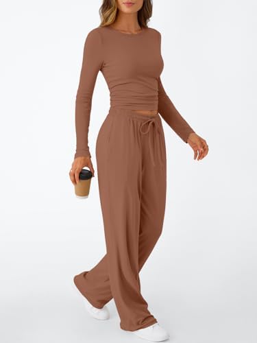 Trendy Queen Women's 2 Piece Matching Lounge Set Long Sleeve Slightly Crop Top Wide Leg Pants Casual Sweatsuit