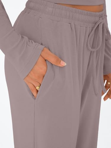 Trendy Queen Women's 2 Piece Matching Lounge Set Long Sleeve Slightly Crop Top Wide Leg Pants Casual Sweatsuit