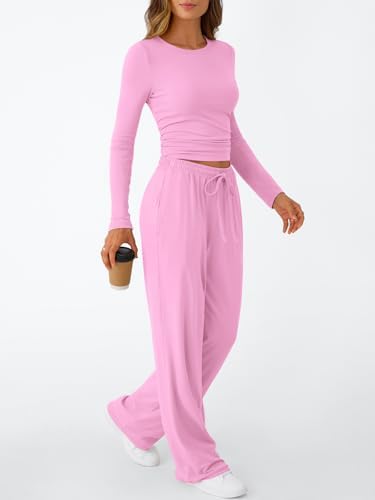 Trendy Queen Women's 2 Piece Matching Lounge Set Long Sleeve Slightly Crop Top Wide Leg Pants Casual Sweatsuit