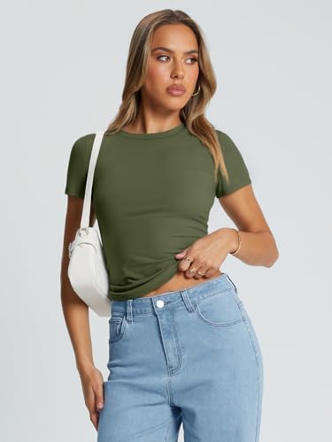 Trendy Queen Womens Basic T Shirts Summer Tops 2025 Crop Short Sleeve Slim Fit Tee Cute Gym Workout Clothes