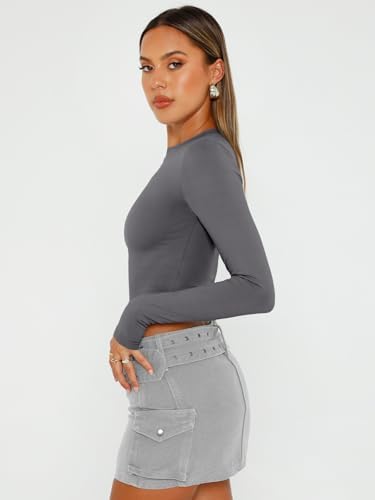 Trendy Queen Womens Long Sleeve Crop Tops Basic Slim Fitted Shirts Fashion 2025 Going Out Y2k Tops Teen Girl Clothes