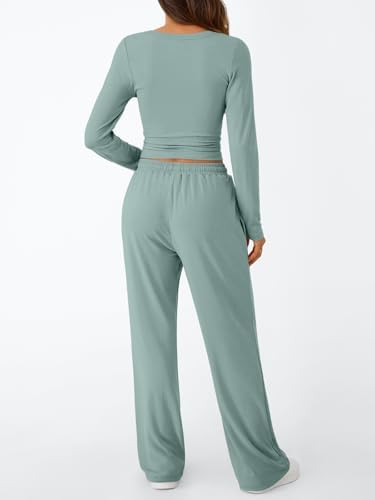 Trendy Queen Women's 2 Piece Matching Lounge Set Long Sleeve Slightly Crop Top Wide Leg Pants Casual Sweatsuit