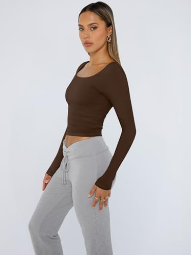 Trendy Queen Womens Long Sleeve Shirts Crop Tops Fall Fashion 2025 Square Neck Going Out Basics Tees Y2k Clothes