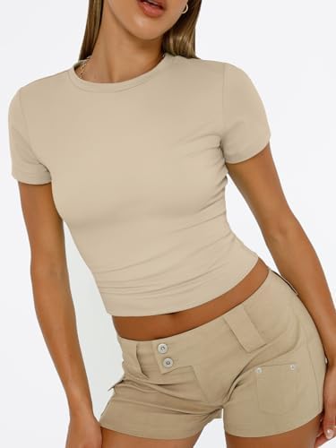 Trendy Queen Womens Short Sleeve T Shirts Summer Crop Tops Basic Slim Fit Gym Workout Y2k Clothes