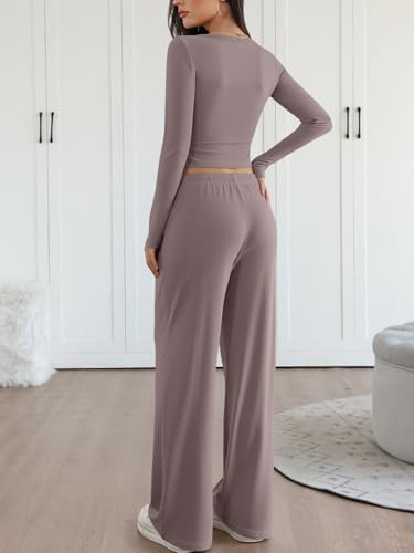 Trendy Queen 2 Piece Matching Lounge Sets for Women Fall Fashion 2025 Two Piece Outfits Henley Crop Tops Wide Leg Pants