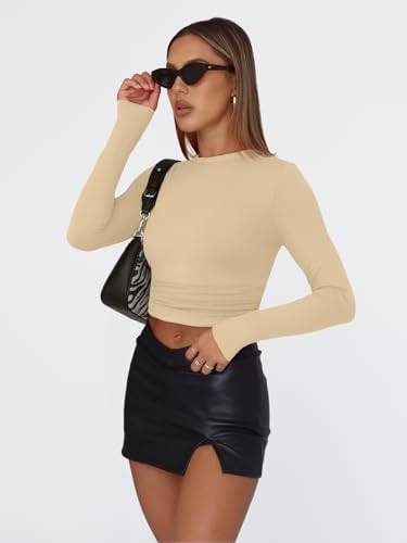 Trendy Queen Womens Long Sleeve T Shirts Fall Fashion 2025 Basic Crop Tops Going Out Outfits Y2k Clothes