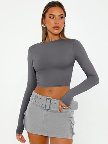 Trendy Queen Womens Long Sleeve Crop Tops Basic Slim Fitted Shirts Fashion 2025 Going Out Y2k Tops Teen Girl Clothes