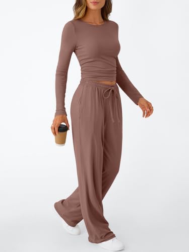 Trendy Queen Women's 2 Piece Matching Lounge Set Long Sleeve Slightly Crop Top Wide Leg Pants Casual Sweatsuit