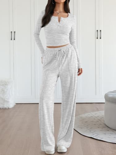 Trendy Queen 2 Piece Matching Lounge Sets for Women Fall Fashion 2025 Two Piece Outfits Henley Crop Tops Wide Leg Pants
