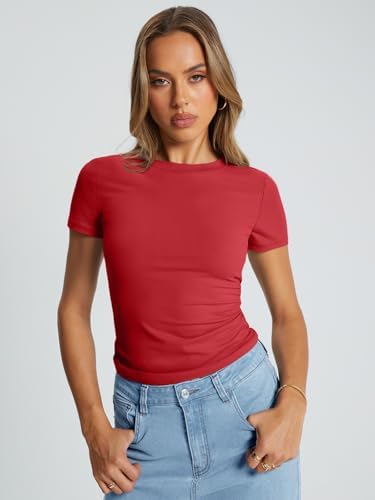 Trendy Queen Womens Basic T Shirts Summer Tops 2025 Crop Short Sleeve Slim Fit Tee Cute Gym Workout Clothes