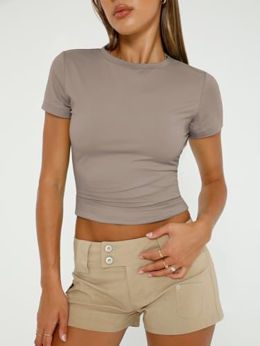 Trendy Queen Womens Short Sleeve T Shirts Summer Crop Tops Basic Slim Fit Gym Workout Y2k Clothes