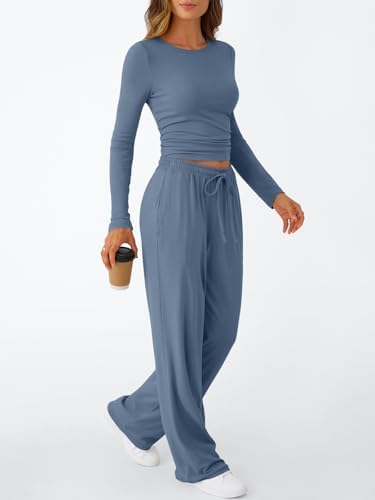 Trendy Queen Women's 2 Piece Matching Lounge Set Long Sleeve Slightly Crop Top Wide Leg Pants Casual Sweatsuit
