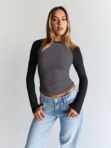 Trendy Queen Women's Long Sleeve Shirts Slim Fit Stretchy Color Block Slightly Cropped Tops
