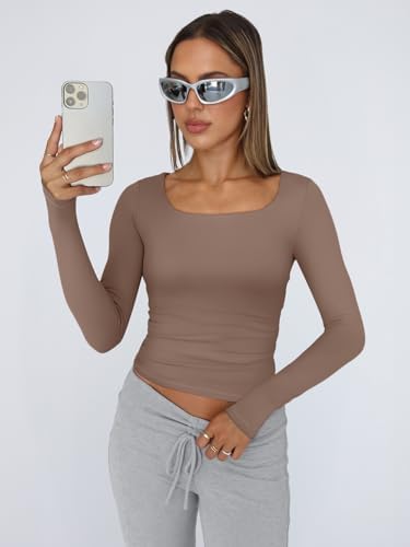 Trendy Queen Womens Long Sleeve Shirts Crop Tops Fall Fashion 2025 Square Neck Going Out Basics Tees Y2k Clothes