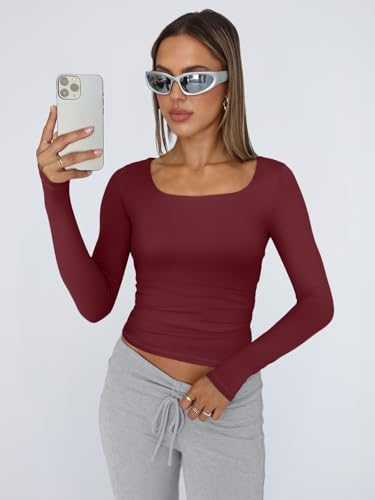 Trendy Queen Womens Long Sleeve Shirts Crop Tops Fall Fashion 2025 Square Neck Going Out Basics Tees Y2k Clothes