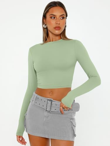 Trendy Queen Womens Long Sleeve Crop Tops Basic Slim Fitted Shirts Fashion 2025 Going Out Y2k Tops Teen Girl Clothes