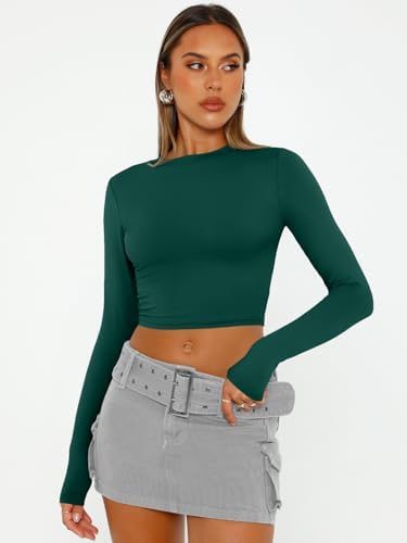 Trendy Queen Womens Long Sleeve Crop Tops Basic Slim Fitted Shirts Fashion 2025 Going Out Y2k Tops Teen Girl Clothes