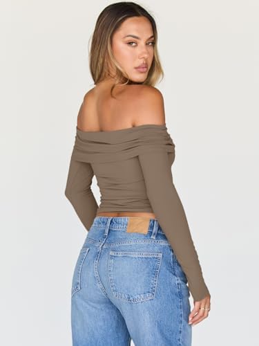 Trendy Queen Women Long Sleeve Shirts Off Shoulder Tops Going Out Crop Sexy Slim Fitted Y2K Fall Outfits 2025 Fashion Clothes