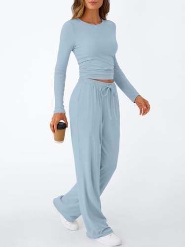 Trendy Queen Women's 2 Piece Matching Lounge Set Long Sleeve Slightly Crop Top Wide Leg Pants Casual Sweatsuit