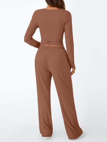 Trendy Queen Women's 2 Piece Matching Lounge Set Long Sleeve Slightly Crop Top Wide Leg Pants Casual Sweatsuit
