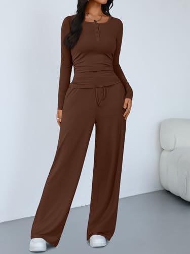Trendy Queen Women's 2 Piece Matching Lounge Sets Long Sleeve Henley Neck Slightly Crop Top Wide Leg Pants Casual Sweat Suit
